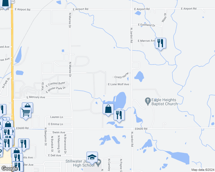 map of restaurants, bars, coffee shops, grocery stores, and more near 2801 North Running Bear Street in Stillwater