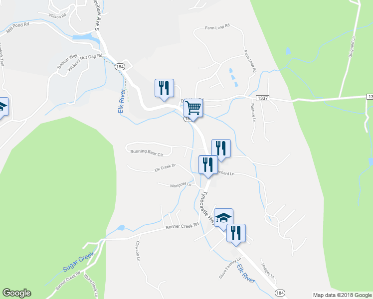 map of restaurants, bars, coffee shops, grocery stores, and more near Bear Cub Lane in Banner Elk