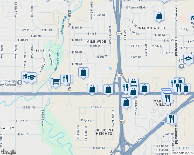 map of restaurants, bars, coffee shops, grocery stores, and more near 733 South 101st East Avenue in Tulsa
