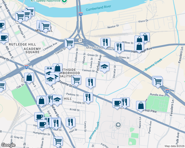 map of restaurants, bars, coffee shops, grocery stores, and more near 71 Cannon Street in Nashville