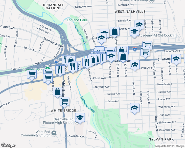map of restaurants, bars, coffee shops, grocery stores, and more near 320 54th Avenue North in Nashville