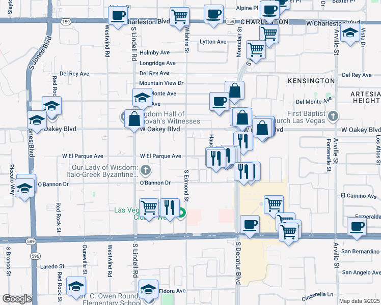 map of restaurants, bars, coffee shops, grocery stores, and more near 1800 South Edmond Street in Las Vegas