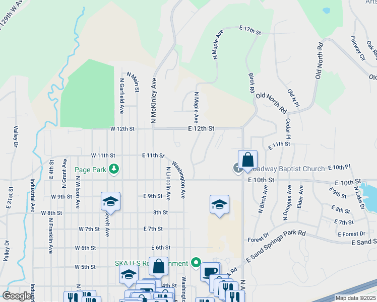 map of restaurants, bars, coffee shops, grocery stores, and more near 1107 North Pin Oak Court in Sand Springs