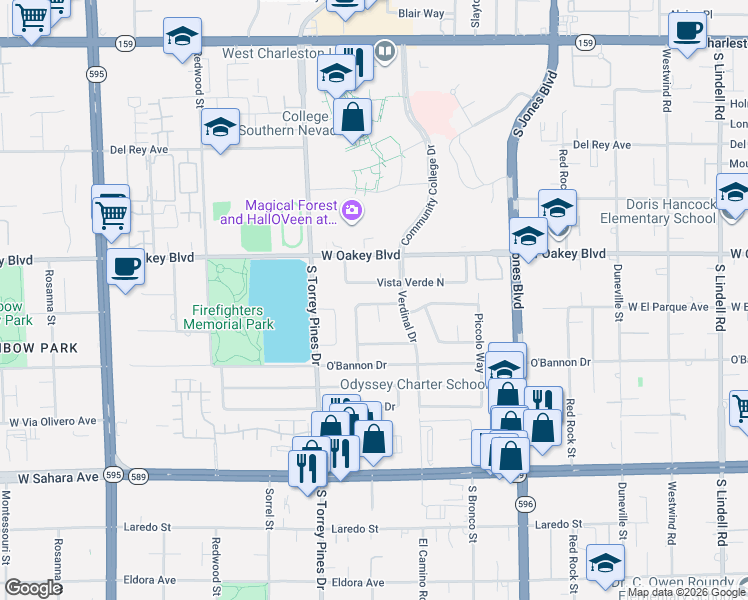 map of restaurants, bars, coffee shops, grocery stores, and more near 6336 Bluejay Way in Las Vegas