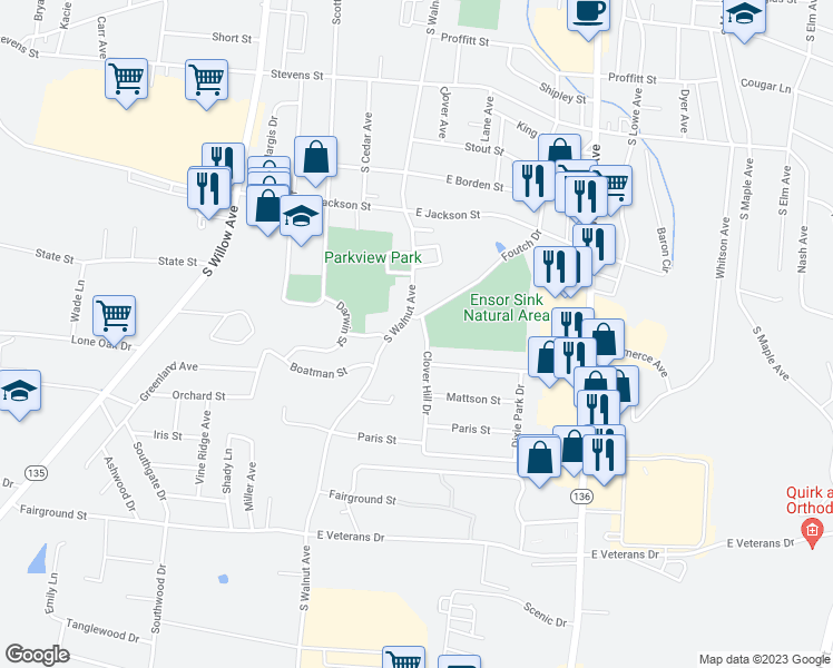 map of restaurants, bars, coffee shops, grocery stores, and more near 675 Clover Hill Drive in Cookeville