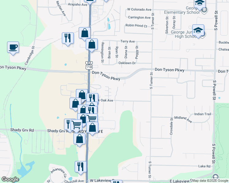 map of restaurants, bars, coffee shops, grocery stores, and more near 510 Black Oak Avenue in Springdale
