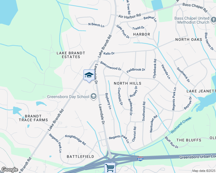 map of restaurants, bars, coffee shops, grocery stores, and more near 5306 Bayberry Lane in Greensboro