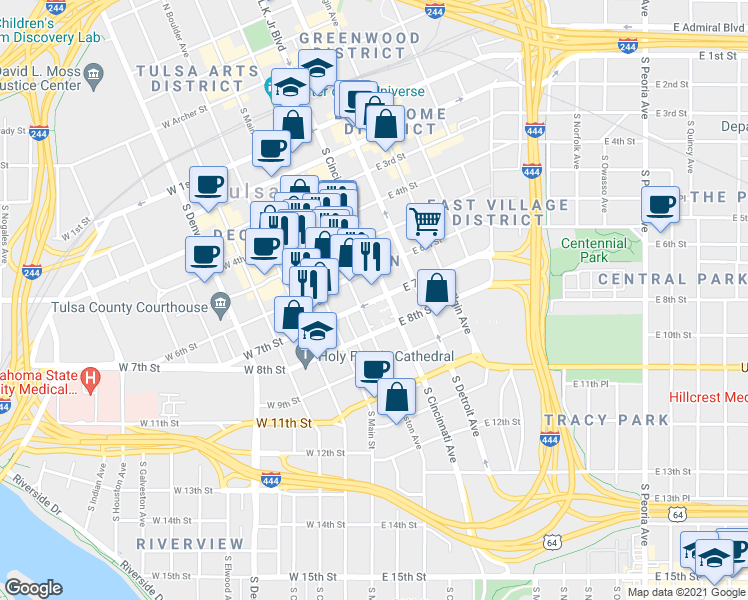 map of restaurants, bars, coffee shops, grocery stores, and more near 151 East 7th Street in Tulsa