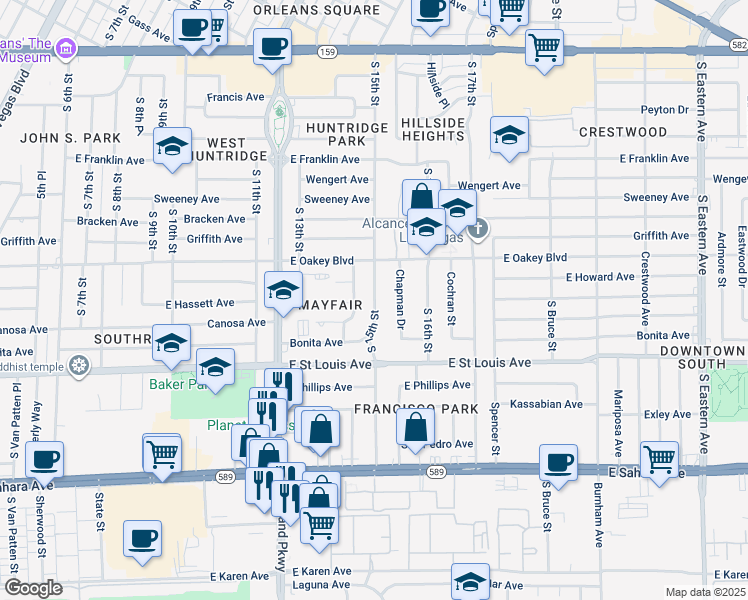 map of restaurants, bars, coffee shops, grocery stores, and more near 1801 South 15th Street in Las Vegas