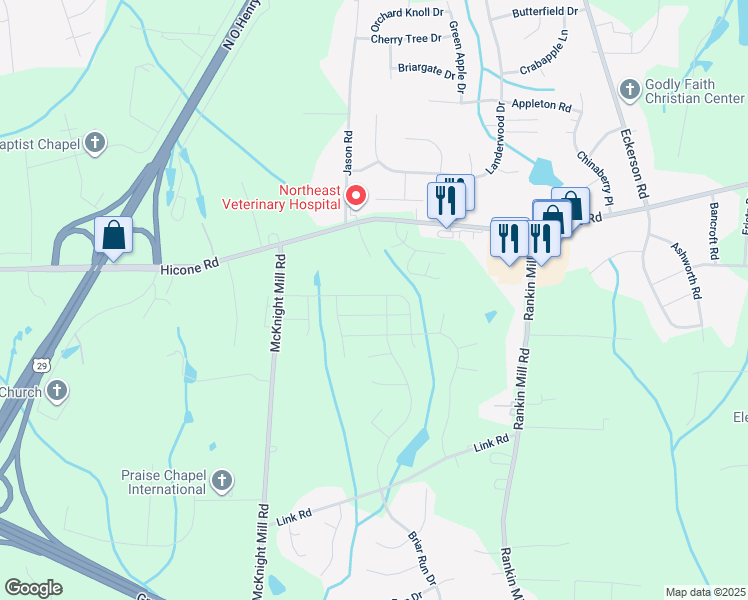 map of restaurants, bars, coffee shops, grocery stores, and more near 4622 McKnight Mill Road in Greensboro