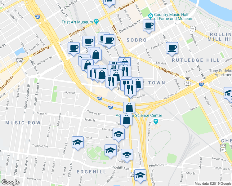 map of restaurants, bars, coffee shops, grocery stores, and more near 900-1098,901-1099 Sigler Street in Nashville