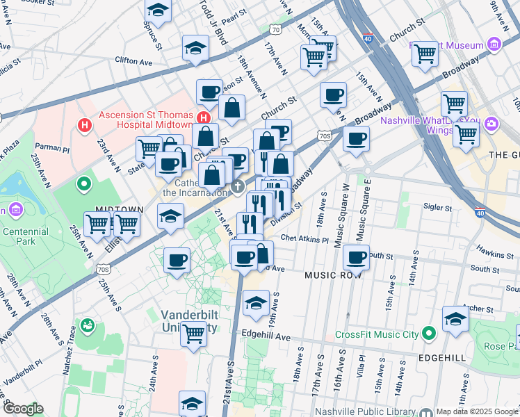 map of restaurants, bars, coffee shops, grocery stores, and more near 2005 Terrace Place in Nashville