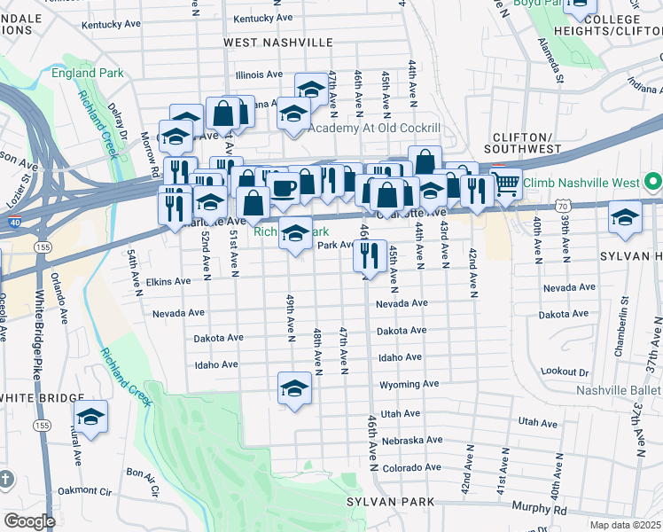 map of restaurants, bars, coffee shops, grocery stores, and more near 4708 Elkins Avenue in Nashville