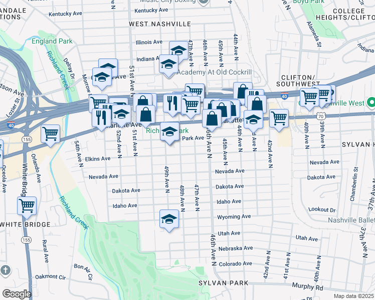 map of restaurants, bars, coffee shops, grocery stores, and more near 4708 Elkins Avenue in Nashville