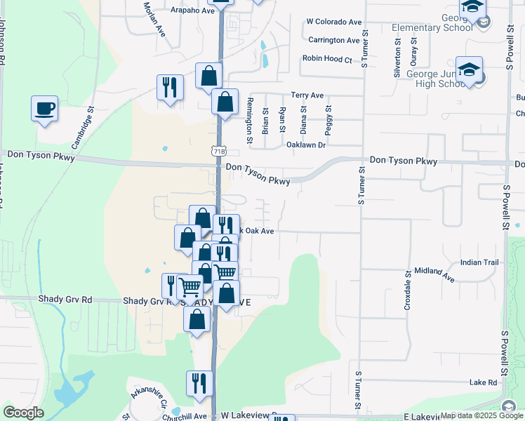 map of restaurants, bars, coffee shops, grocery stores, and more near 608 Black Oak Avenue in Springdale