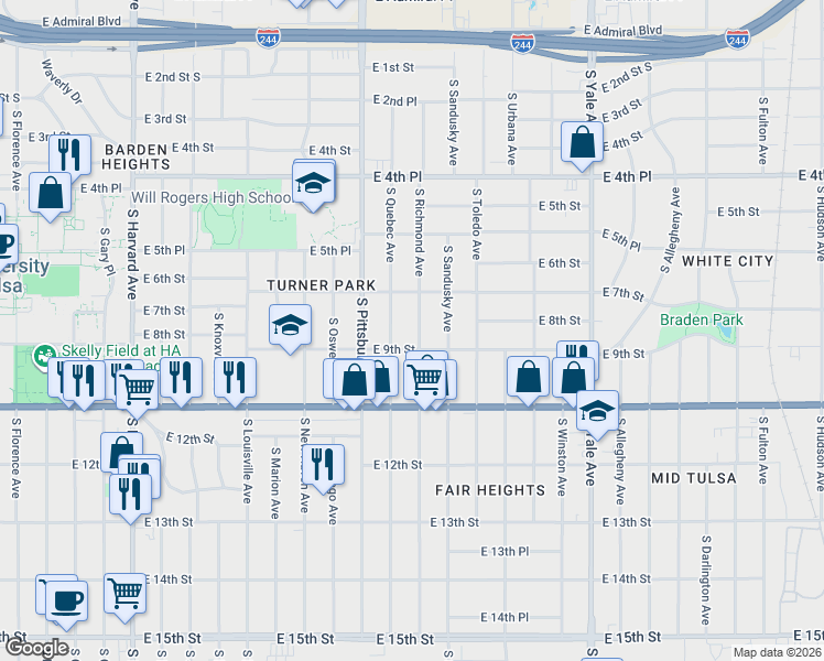 map of restaurants, bars, coffee shops, grocery stores, and more near 740 South Richmond Avenue in Tulsa