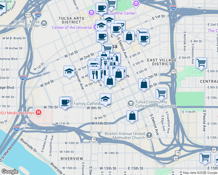 map of restaurants, bars, coffee shops, grocery stores, and more near in Tulsa