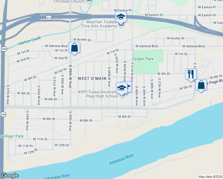 map of restaurants, bars, coffee shops, grocery stores, and more near 448 South 44th West Avenue in Tulsa