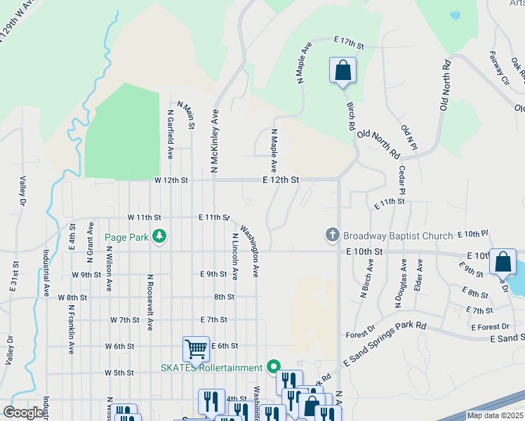 map of restaurants, bars, coffee shops, grocery stores, and more near 1107 North Pin Oak Court in Sand Springs
