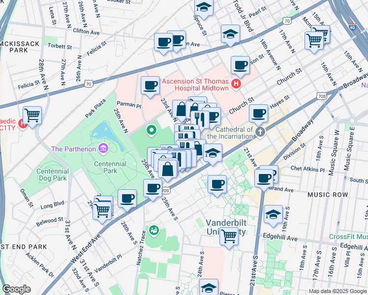 map of restaurants, bars, coffee shops, grocery stores, and more near 2312 Elliston Place in Nashville
