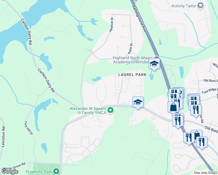map of restaurants, bars, coffee shops, grocery stores, and more near 4017 Stone Bluff Court in Greensboro