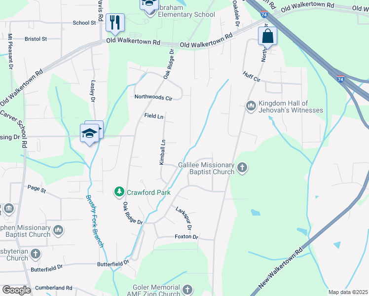 map of restaurants, bars, coffee shops, grocery stores, and more near Springview Drive in Winston-Salem