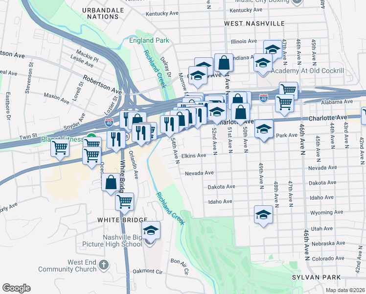 map of restaurants, bars, coffee shops, grocery stores, and more near 320 54th Avenue North in Nashville