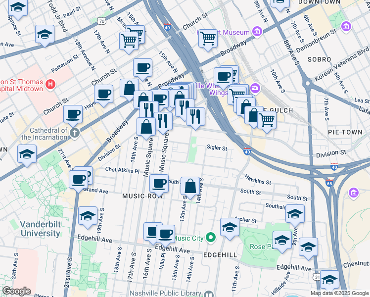 map of restaurants, bars, coffee shops, grocery stores, and more near 1 Music Circle North in Nashville