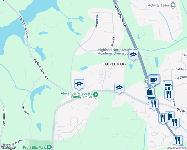 map of restaurants, bars, coffee shops, grocery stores, and more near 4017 Stone Bluff Court in Greensboro
