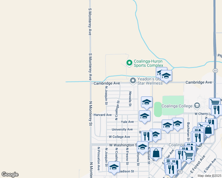map of restaurants, bars, coffee shops, grocery stores, and more near 454 Dartmouth Avenue in Coalinga