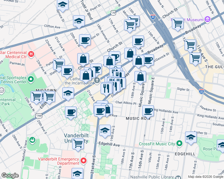 map of restaurants, bars, coffee shops, grocery stores, and more near 1913 Broadway in Nashville