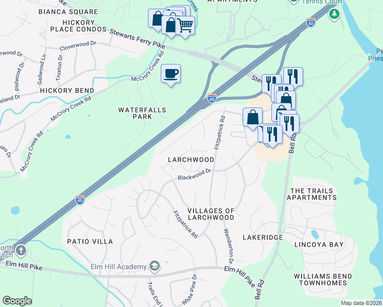 map of restaurants, bars, coffee shops, grocery stores, and more near 139 Lakebrink Drive in Nashville