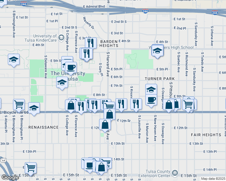 map of restaurants, bars, coffee shops, grocery stores, and more near 3317 East 8th Street in Tulsa