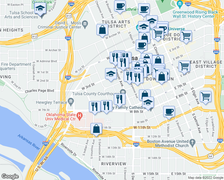 map of restaurants, bars, coffee shops, grocery stores, and more near 200 Civic Center in Tulsa