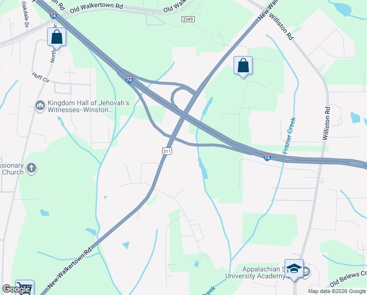 map of restaurants, bars, coffee shops, grocery stores, and more near 4195 New Walkertown Road in Winston-Salem