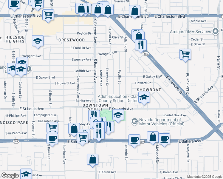 map of restaurants, bars, coffee shops, grocery stores, and more near 1801 Euclid Avenue in Las Vegas
