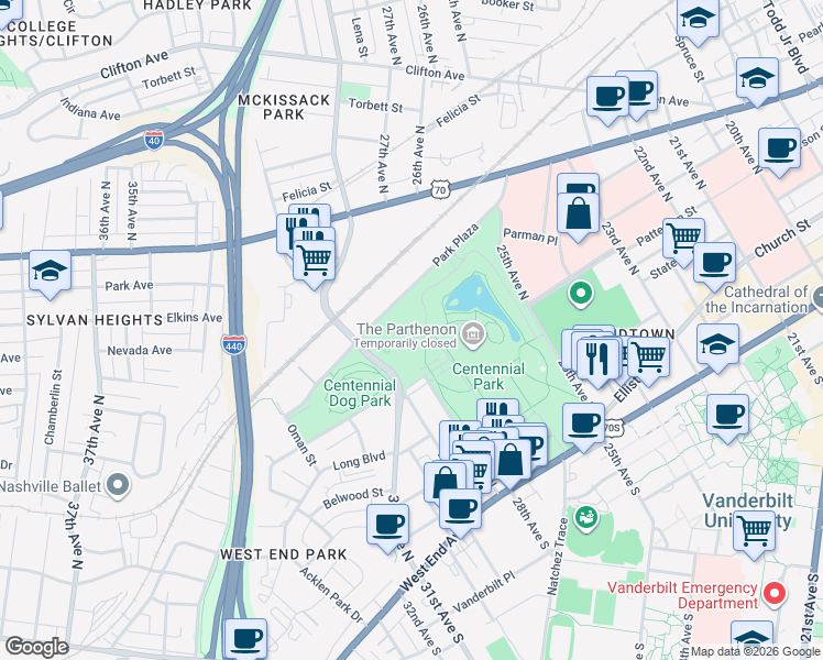 map of restaurants, bars, coffee shops, grocery stores, and more near 27th Avenue North in Nashville