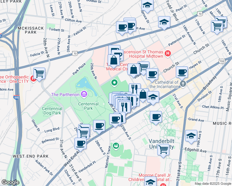 map of restaurants, bars, coffee shops, grocery stores, and more near 222 25th Avenue North in Nashville