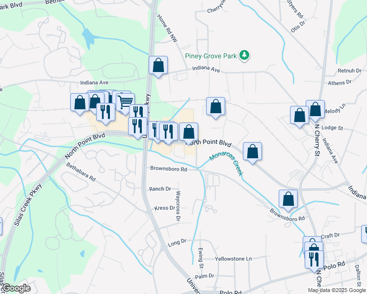 map of restaurants, bars, coffee shops, grocery stores, and more near 7835 North Point Boulevard in Winston-Salem