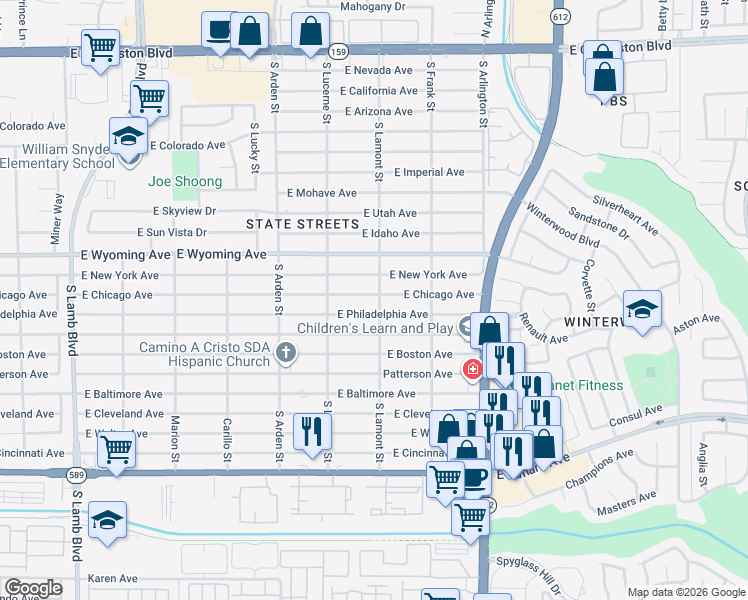 map of restaurants, bars, coffee shops, grocery stores, and more near 4830 East Philadelphia Avenue in Las Vegas