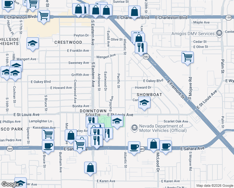 map of restaurants, bars, coffee shops, grocery stores, and more near 1801 Euclid Avenue in Las Vegas
