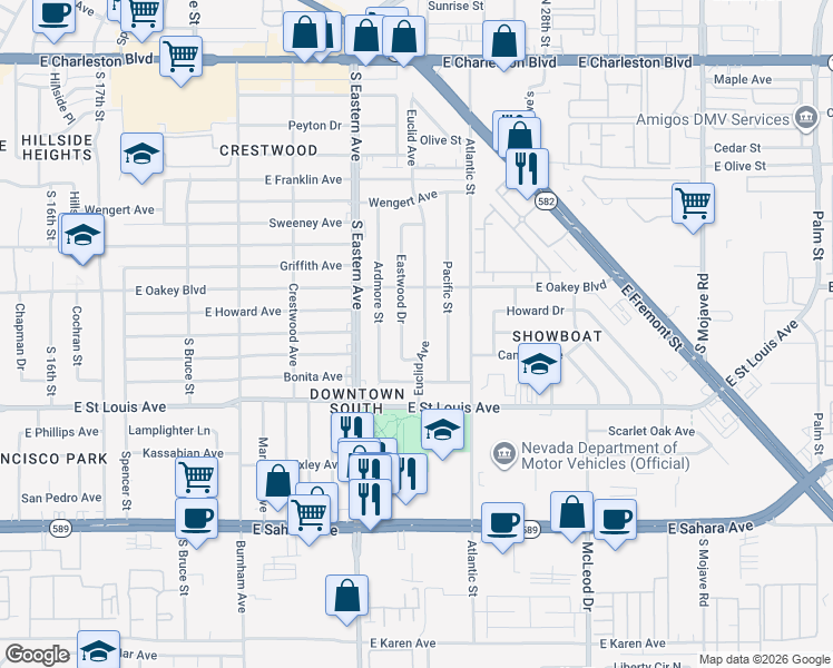 map of restaurants, bars, coffee shops, grocery stores, and more near 1801 Euclid Avenue in Las Vegas