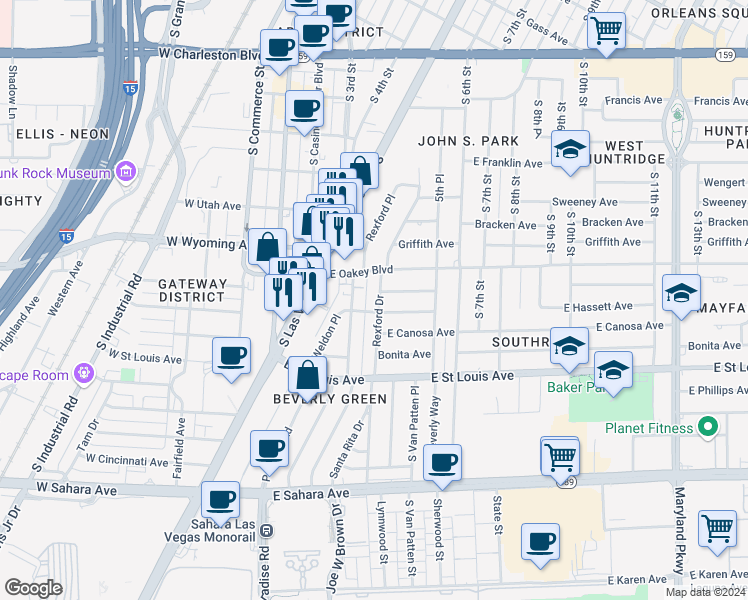 map of restaurants, bars, coffee shops, grocery stores, and more near 1727 Santa Paula Drive in Las Vegas