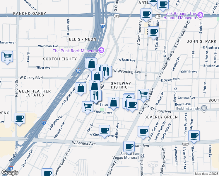 map of restaurants, bars, coffee shops, grocery stores, and more near 233 West Chicago Avenue in Las Vegas