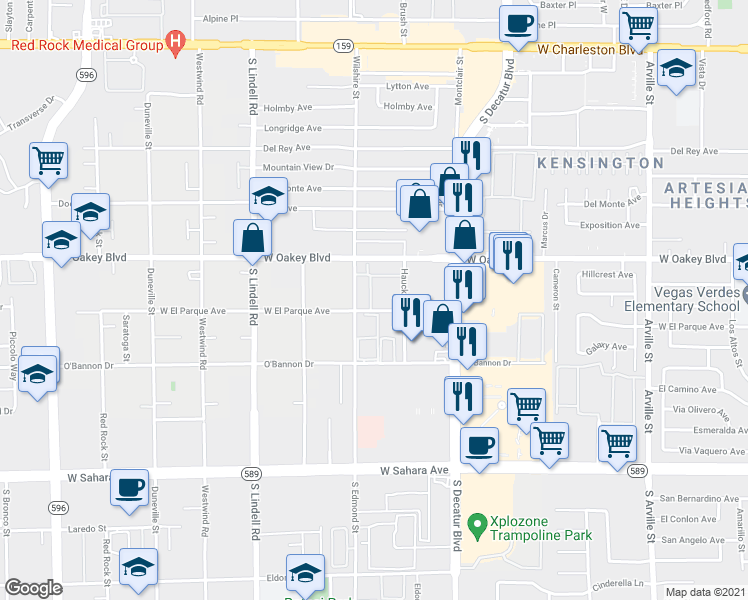 map of restaurants, bars, coffee shops, grocery stores, and more near 1800 South Edmond Street in Las Vegas