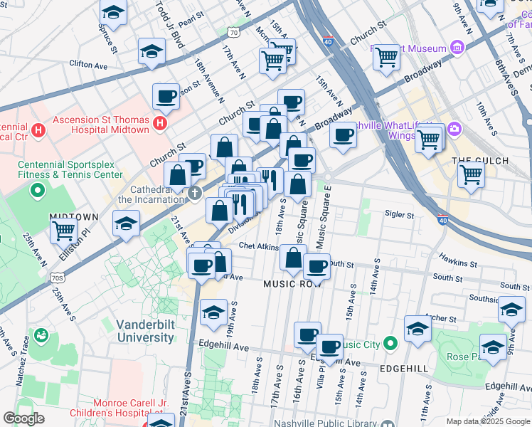 map of restaurants, bars, coffee shops, grocery stores, and more near 1903 Division Street in Nashville