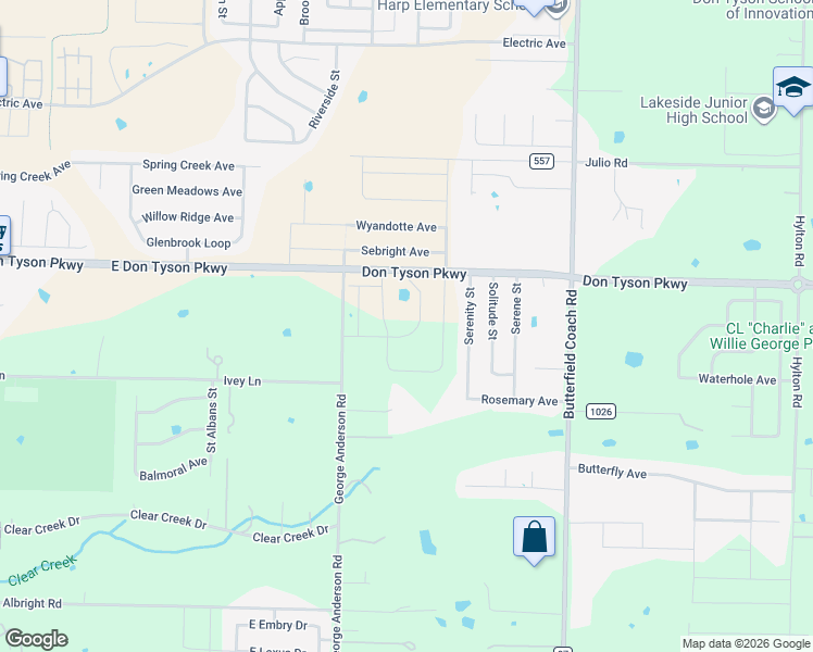 map of restaurants, bars, coffee shops, grocery stores, and more near 2801 East Don Tyson Parkway in Springdale