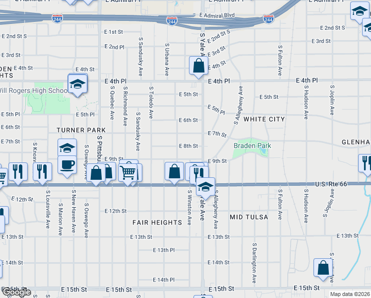 map of restaurants, bars, coffee shops, grocery stores, and more near 4727 E 9th St East Avenue in Tulsa