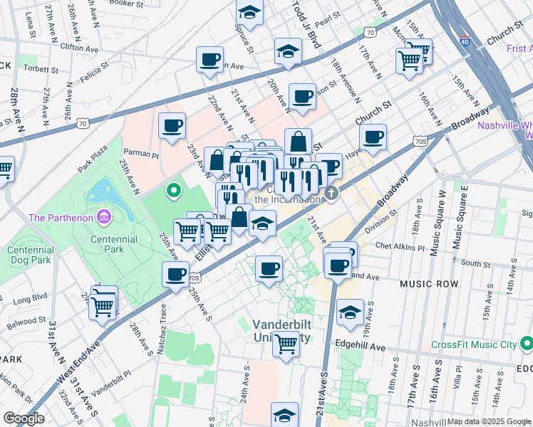 map of restaurants, bars, coffee shops, grocery stores, and more near 2120 West End Avenue in Nashville