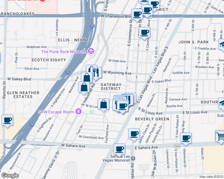 map of restaurants, bars, coffee shops, grocery stores, and more near 1713 Fairfield Avenue in Las Vegas